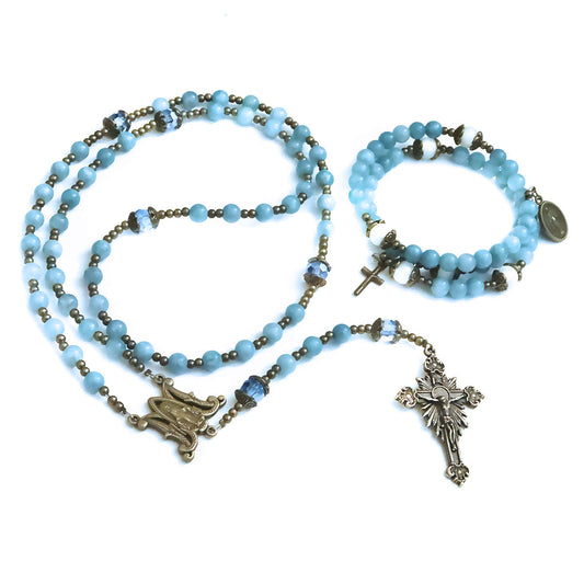 Our Lady of Grace Aquamarine Jade Stone Rosary and Bracelet Set