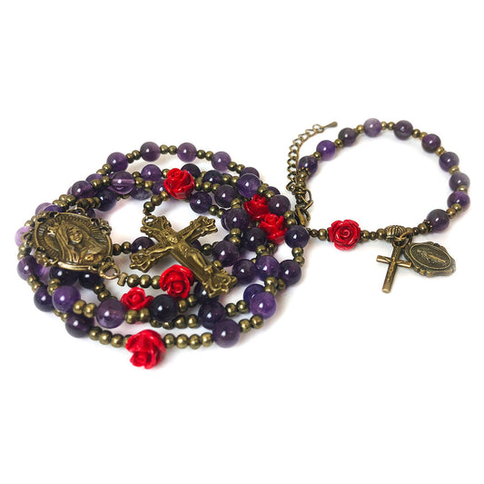 Immaculate Heart of Mary Purple Amethyst Stone Rosary and Bracelet Set