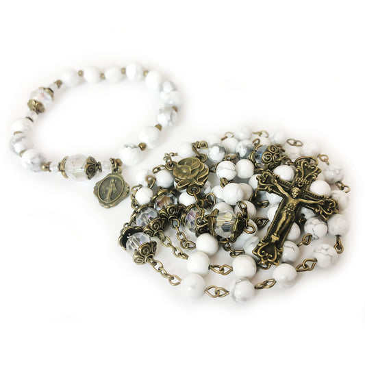 Our Lady of Lourdes White Howlite Stone Rosary Bead and Bracelet Set