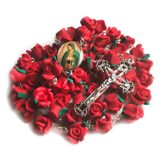 Red Rose Garden Rosary - Antique Silver Finish