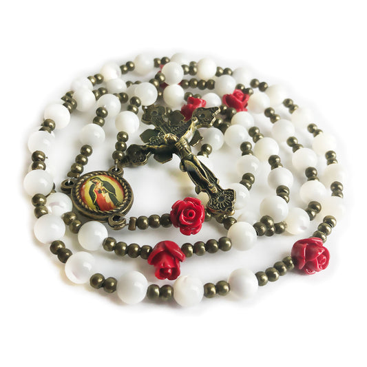 Our Lady of Guadalupe Mother of Pearl and Red Rose Rosary