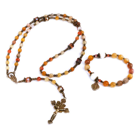 Our Lady of Grace Yellow Multi-Color Jade Stone Rosary and Bracelet Set