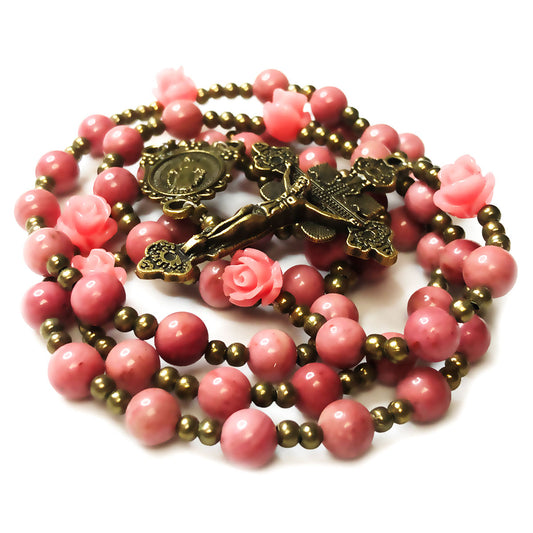 Miraculous Medal Pink Rhodonite Stone and Pink Rose Rosary