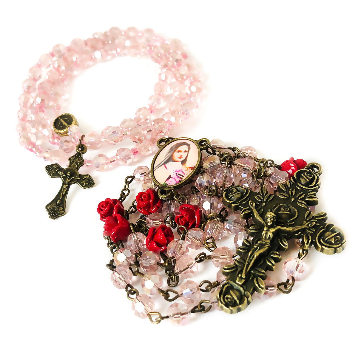 St. Therese the Little Flower Pink Crystal Red Rose Rosary and Bracelet Set